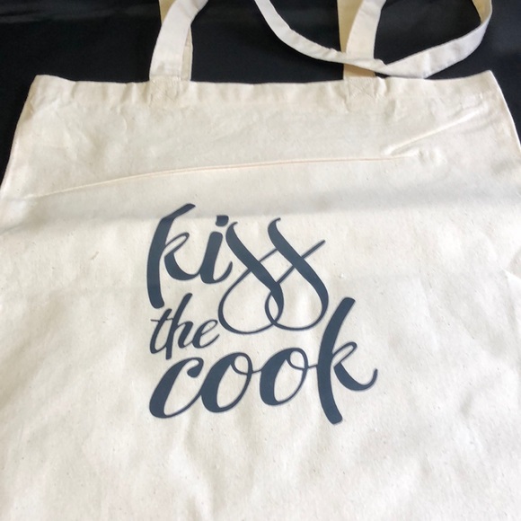 Kiss The Cook Beige Color Canvas Reusable Double Handle Tote Bag - Picture 3 of 5
